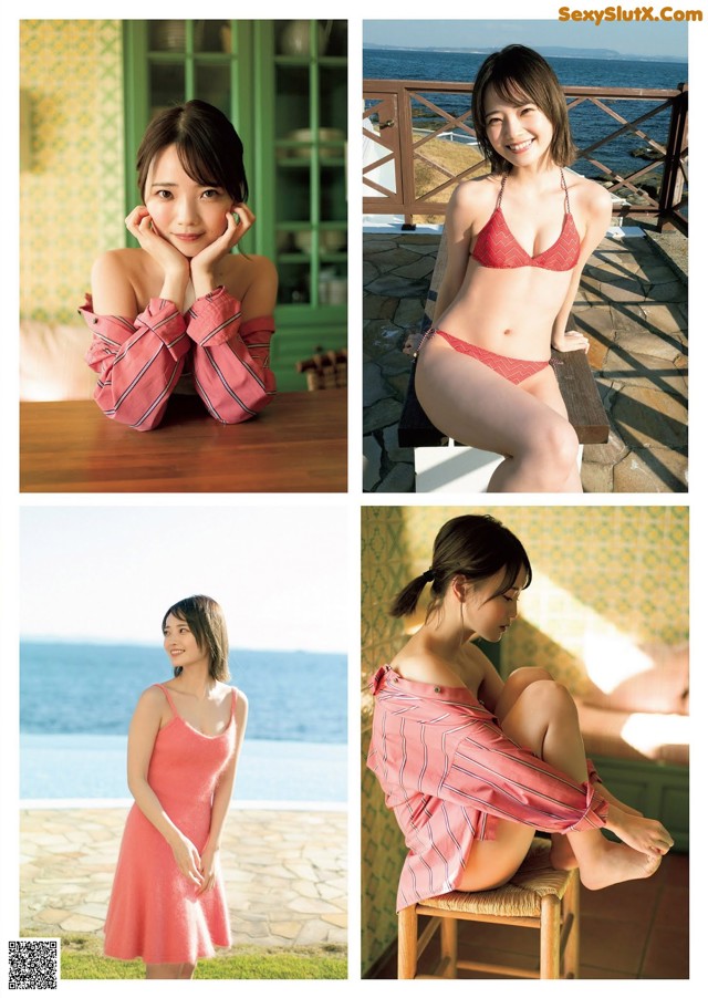 A woman in a red bikini sitting on a chair.