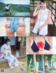 A collage of photos of a woman in a kimono and shorts.