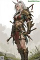 A woman in armor holding two swords in a field.