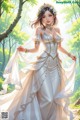 A woman in a white dress standing in a forest.