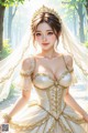 A woman in a wedding dress sitting in the woods.