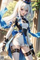 Anime girl with long white hair wearing a blue and white outfit.