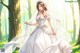 A woman in a wedding dress standing in the woods.