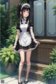 A woman in a maid outfit standing in front of a house.